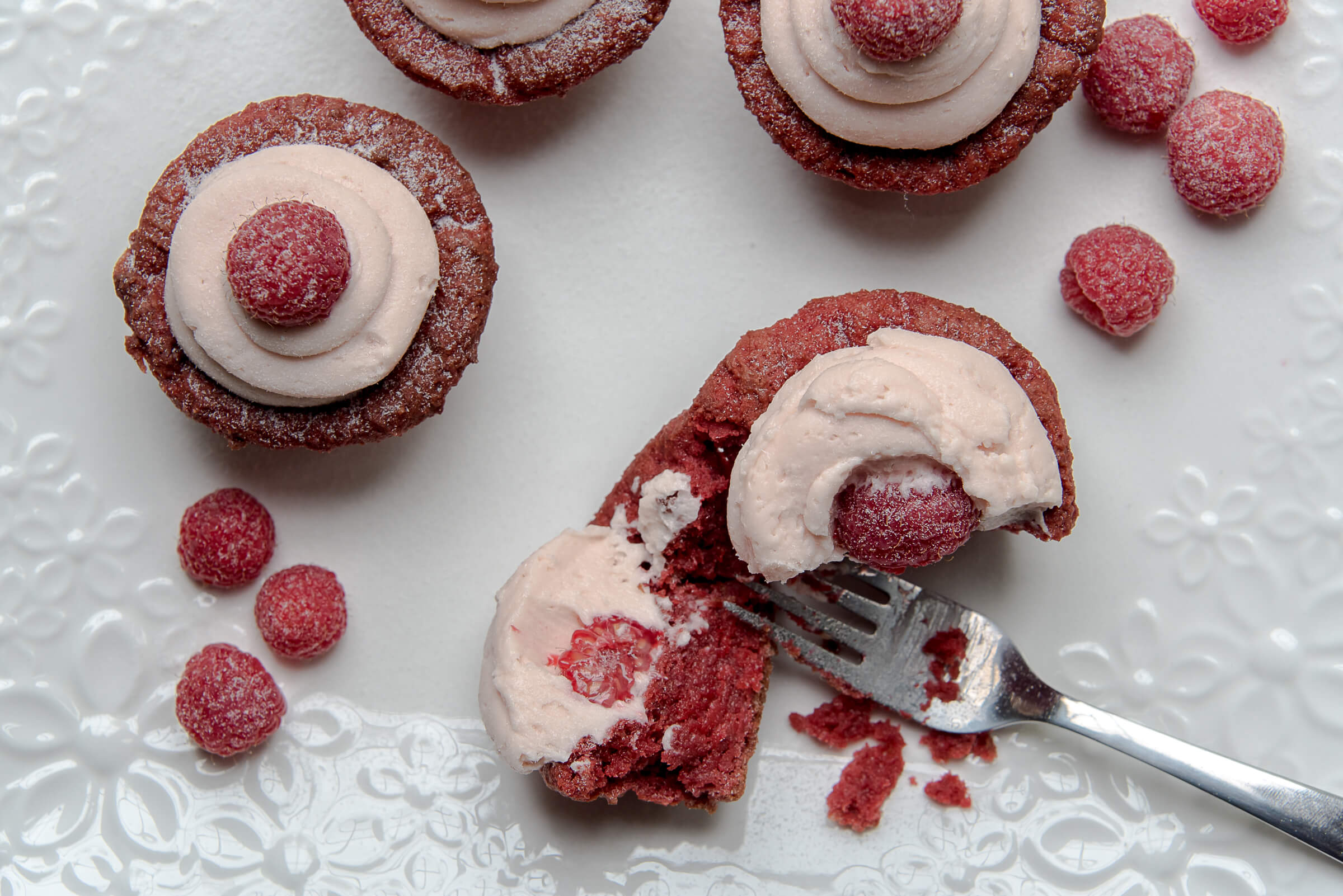 Keto Chow Raspberry Cheesecake Red Velvet Cupcakes with Cream Cheese Frosting