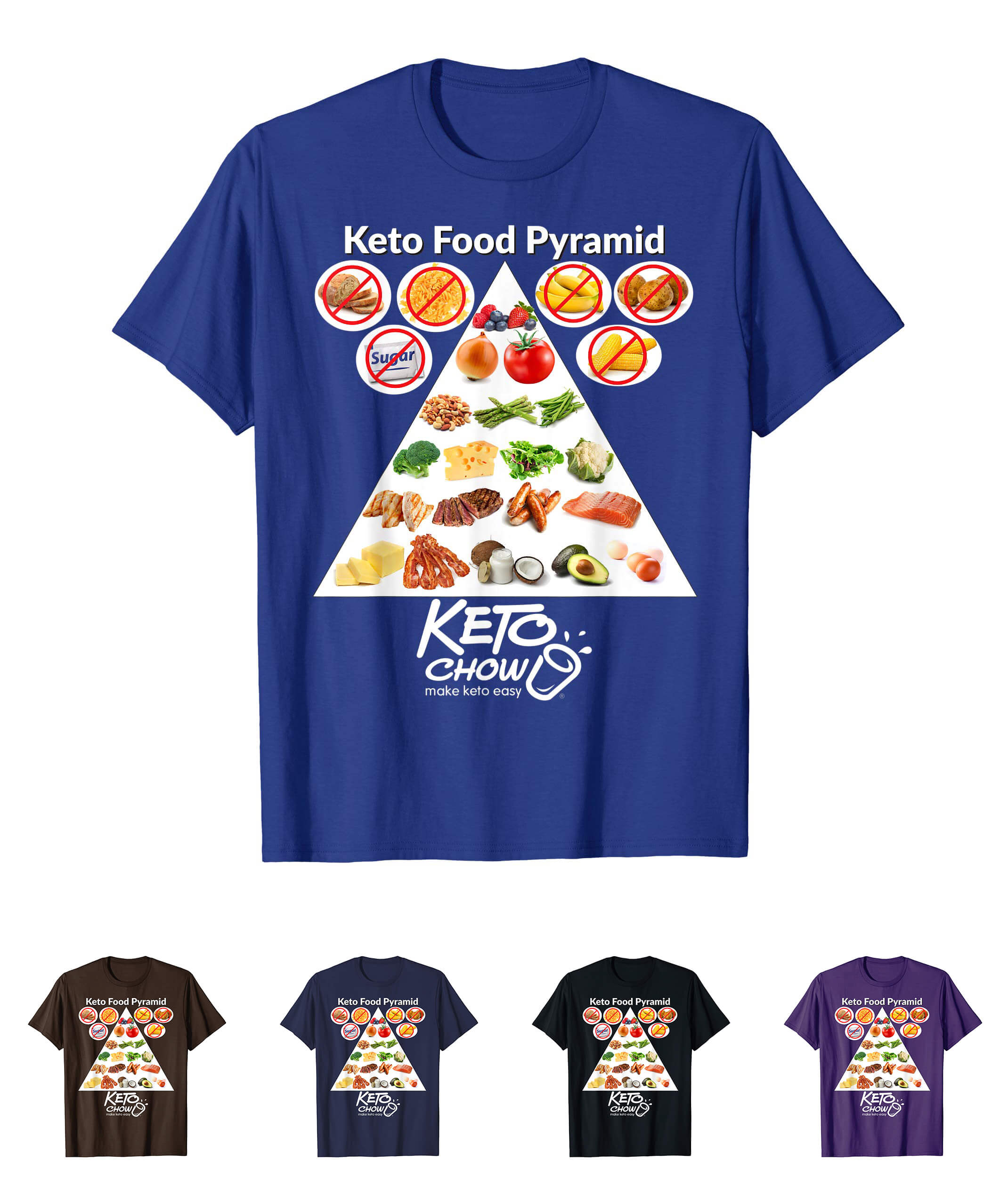 Keto food pyramid white logo dark colors t-shirt