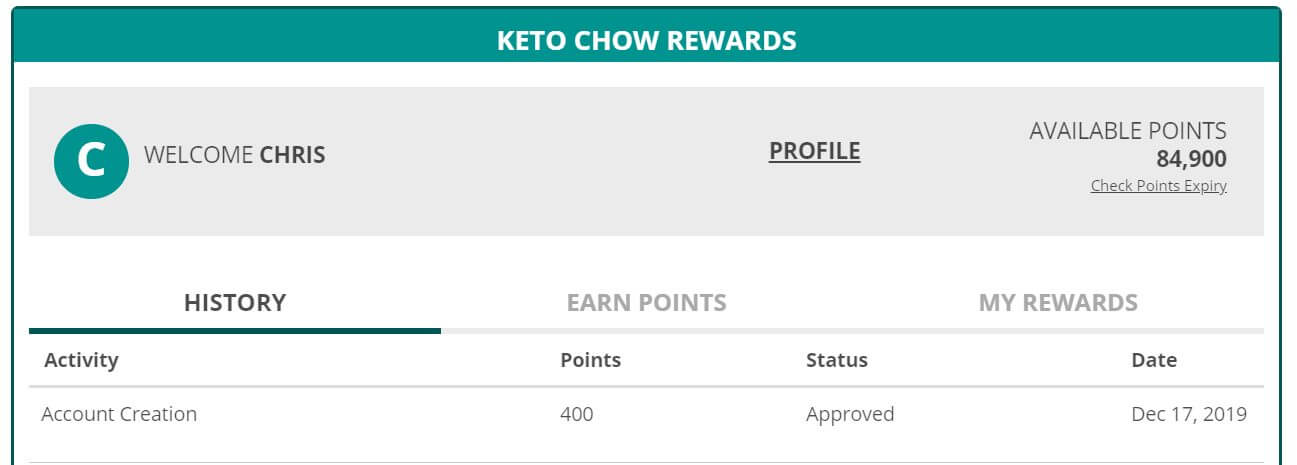 Keto Chow rewards dashboard