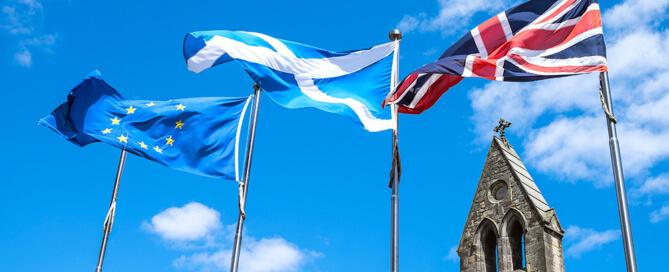 Flags of Scotland, EU, and UK